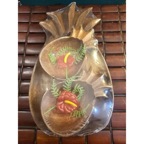Set Of 3 Pineapple Shaped Monkey Pod Wooden Luau Bowls Sealed Vintage NOS - Picture 2 of 3